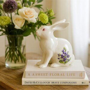 1980s Hand Painted White Rabbit Figurine Purple Violets Flowers Signed Ceramic